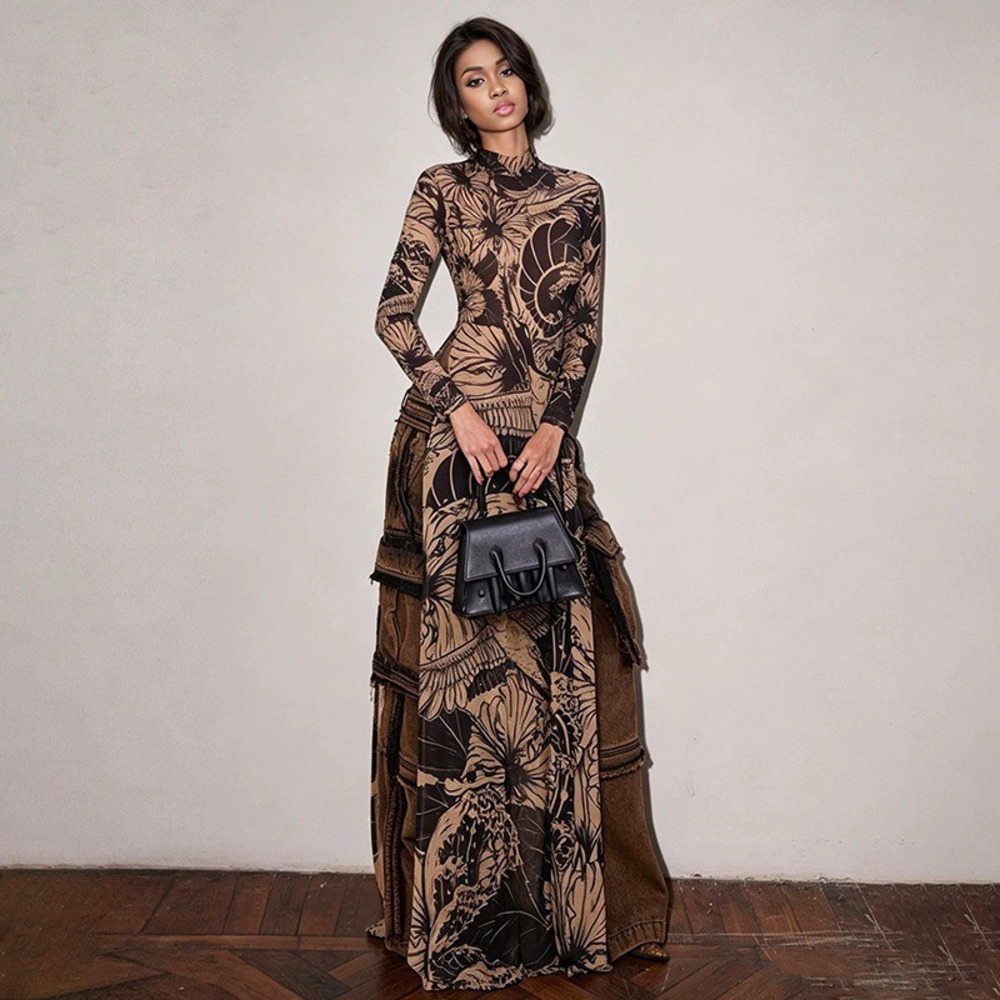 Zara Summer Printed Stand Collar Long Sleeve Asymmetrical Slim Fit Tunic